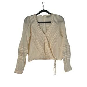 American Eagle Cream Long Sleeve Lace Faux Wrap Blouse Sz M